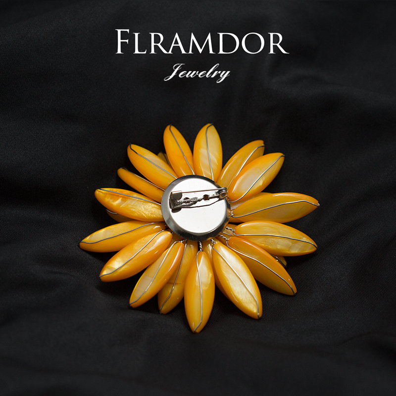 Natural Mother-of-Pearl Sunflower Brooch - Orange