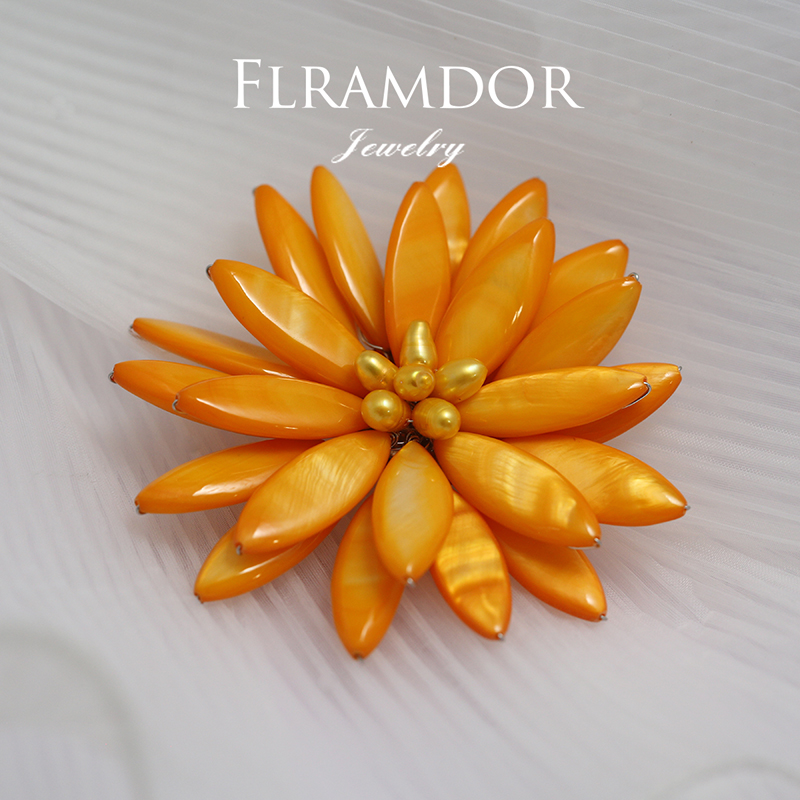 Natural Mother-of-Pearl Sunflower Brooch - Orange thumbnail 5